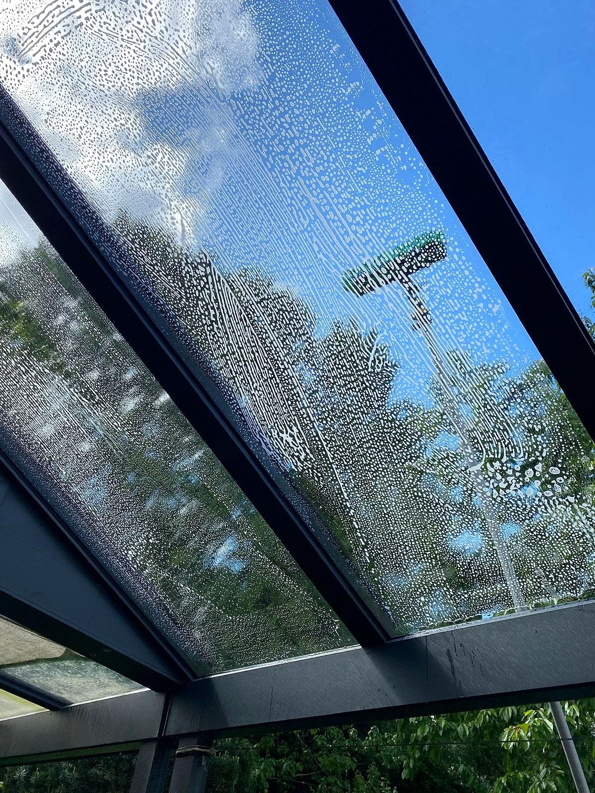 Reinigung eines Glasdachs mit Teleskopstange und Bürste, von unten fotografiert